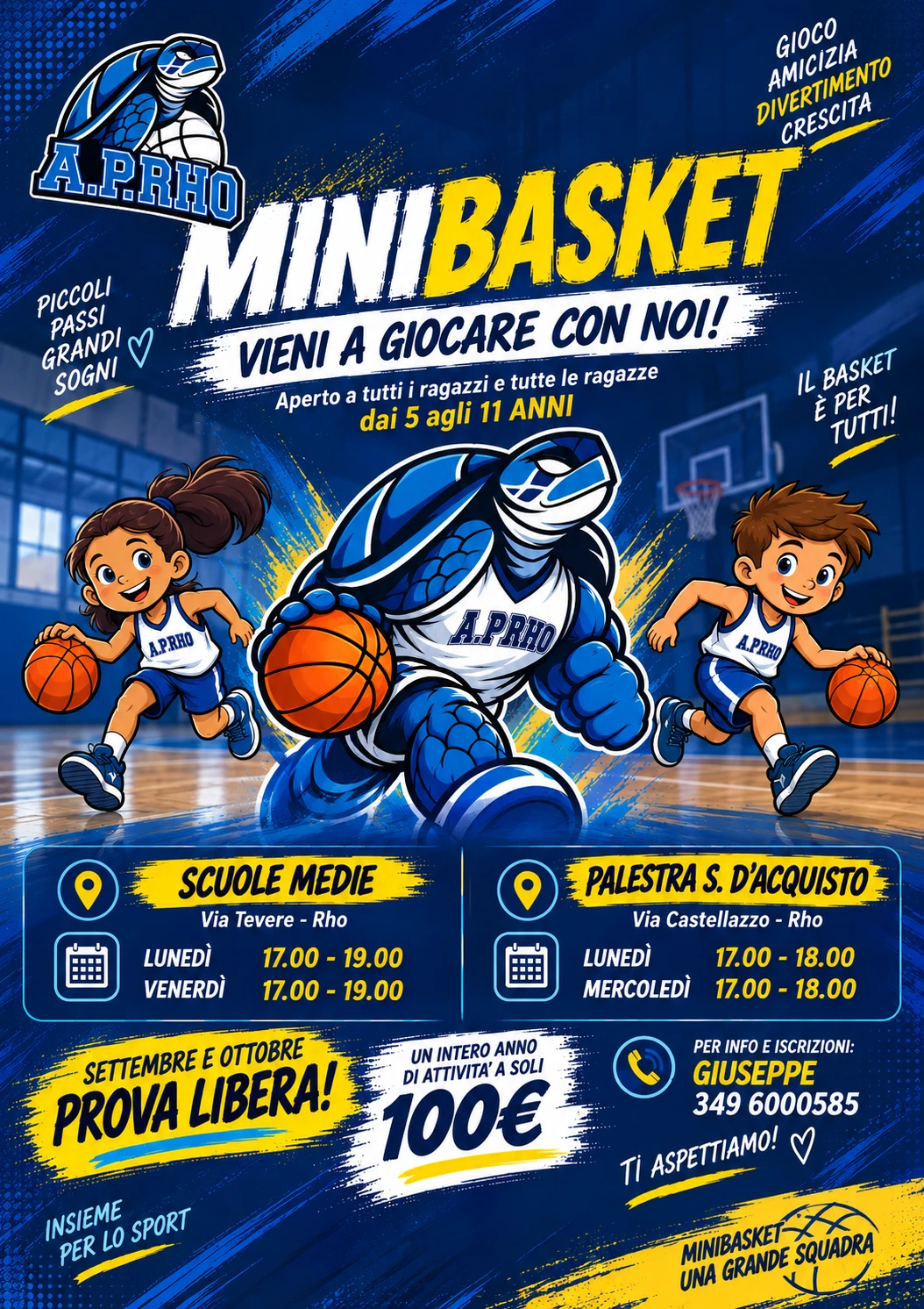 Locandina MiniBasket ASD APRho: prova libera settembre e ottobre, 5-11 anni